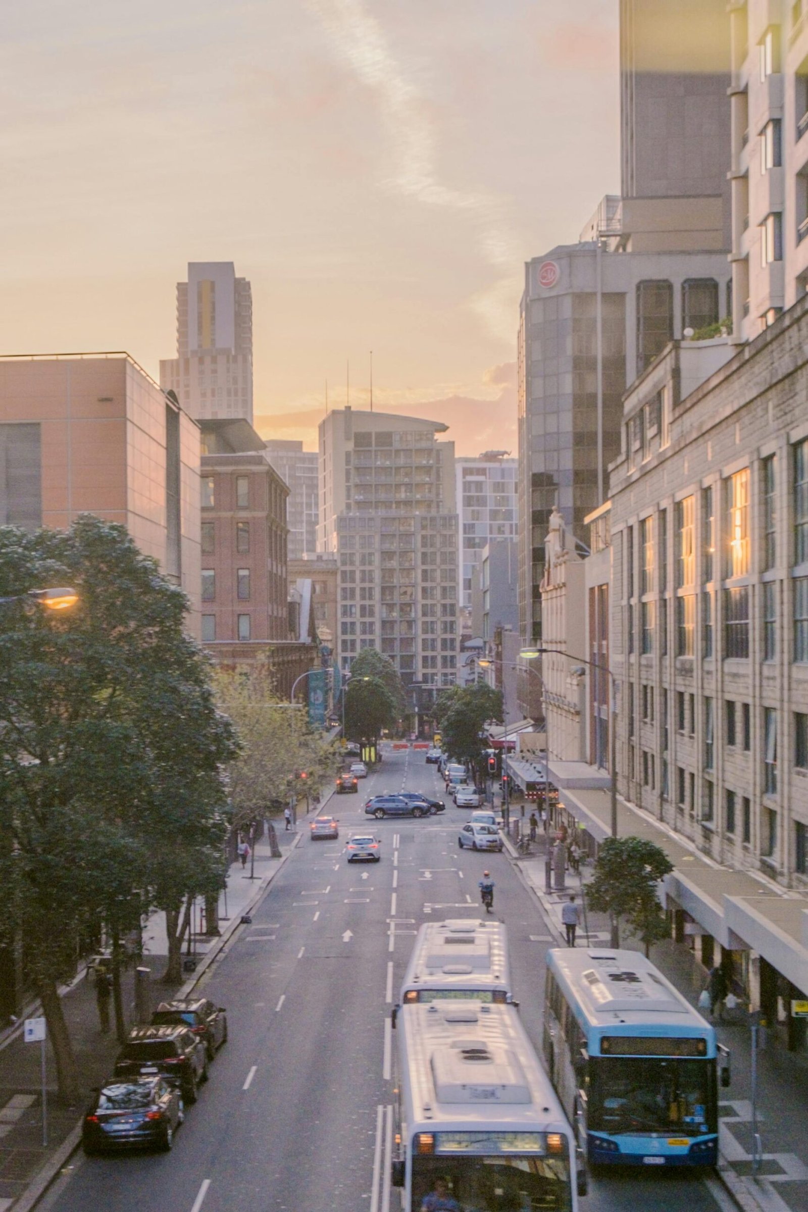 Vibrant city street in Sydney at sunset, showcasing urban traffic and skyline.